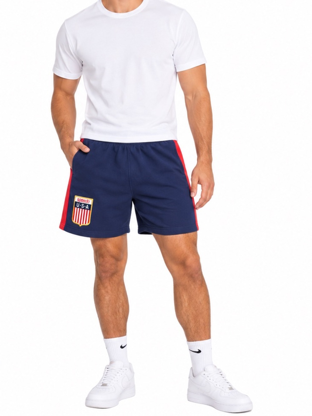 NWT Speedo USA Retro Athletic Shorts Navy Red 2XL Embroidered Logo
